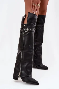 Ocieplane Kozaki Damskie Za Kolano Na Słupku Z Paskiem Klamrą I Srebrnym Zamkiem Czarne Reisa
