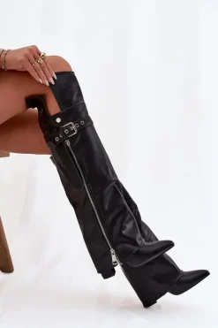 Ocieplane Kozaki Damskie Za Kolano Na Słupku Z Paskiem Klamrą I Srebrnym Zamkiem Czarne Reisa