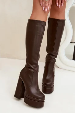 Ocieplane Kozaki Damskie Na Słupku I Platformie Czekoladowe Lysara