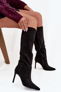 Ocieplane Kozaki Damskie Na Szpilce Z Eko Zamszu Czarne Rosavine