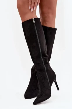 Ocieplane Kozaki Damskie Na Szpilce Z Eko Zamszu Czarne Rosavine
