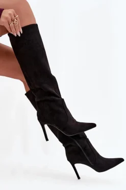 Ocieplane Kozaki Damskie Na Szpilce Z Eko Zamszu Czarne Rosavine