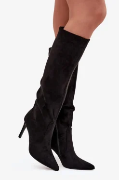 Ocieplane Kozaki Damskie Na Szpilce Z Eko Zamszu Czarne Rosavine