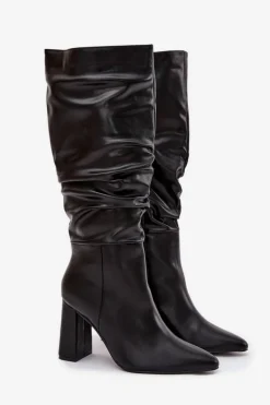 Ocieplane Kozaki Damskie Na Słupku Z Marszczeniem Czarne Dariane