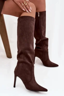 Ocieplane Kozaki Damskie Na Szpilce Z Eko Zamszu Czekoladowe Rosavine