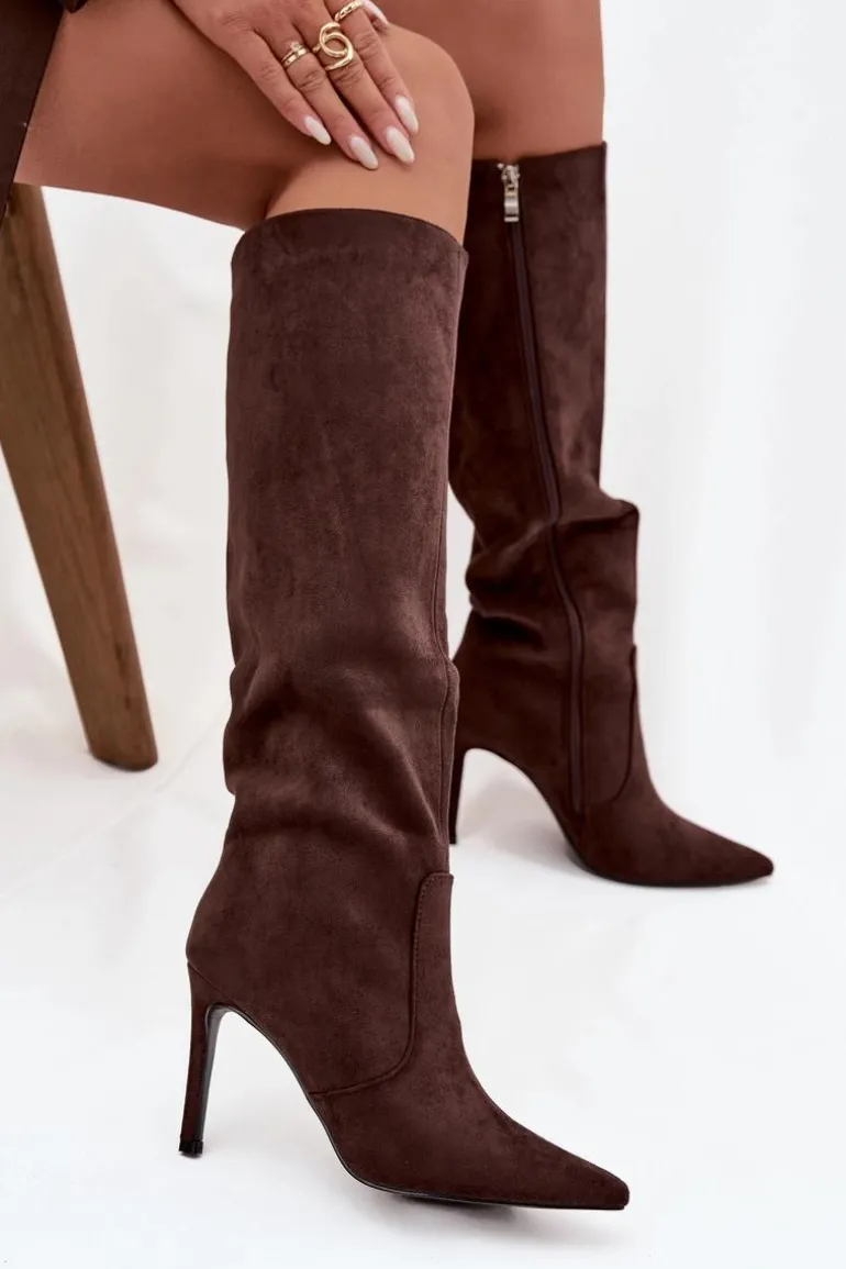 Ocieplane Kozaki Damskie Na Szpilce Z Eko Zamszu Czekoladowe Rosavine