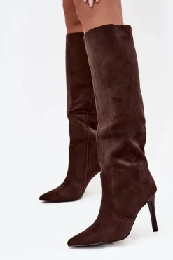Ocieplane Kozaki Damskie Na Szpilce Z Eko Zamszu Czekoladowe Rosavine