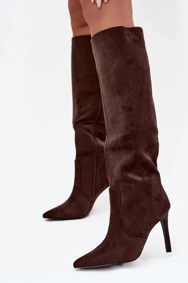 Ocieplane Kozaki Damskie Na Szpilce Z Eko Zamszu Czekoladowe Rosavine