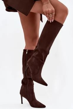 Ocieplane Kozaki Damskie Na Szpilce Z Eko Zamszu Czekoladowe Rosavine