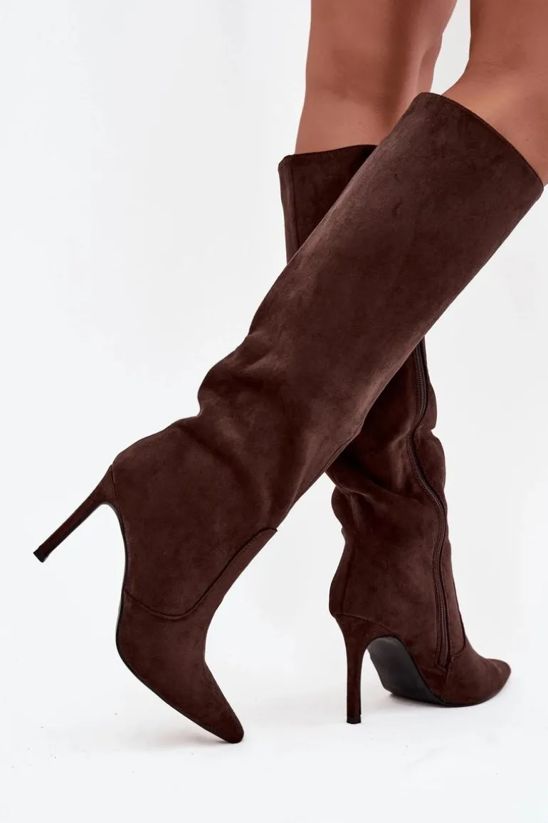Ocieplane Kozaki Damskie Na Szpilce Z Eko Zamszu Czekoladowe Rosavine