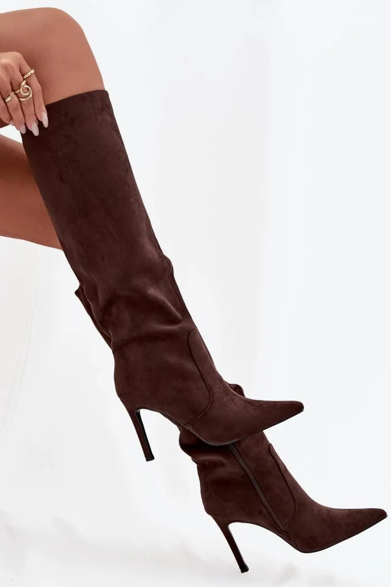 Ocieplane Kozaki Damskie Na Szpilce Z Eko Zamszu Czekoladowe Rosavine