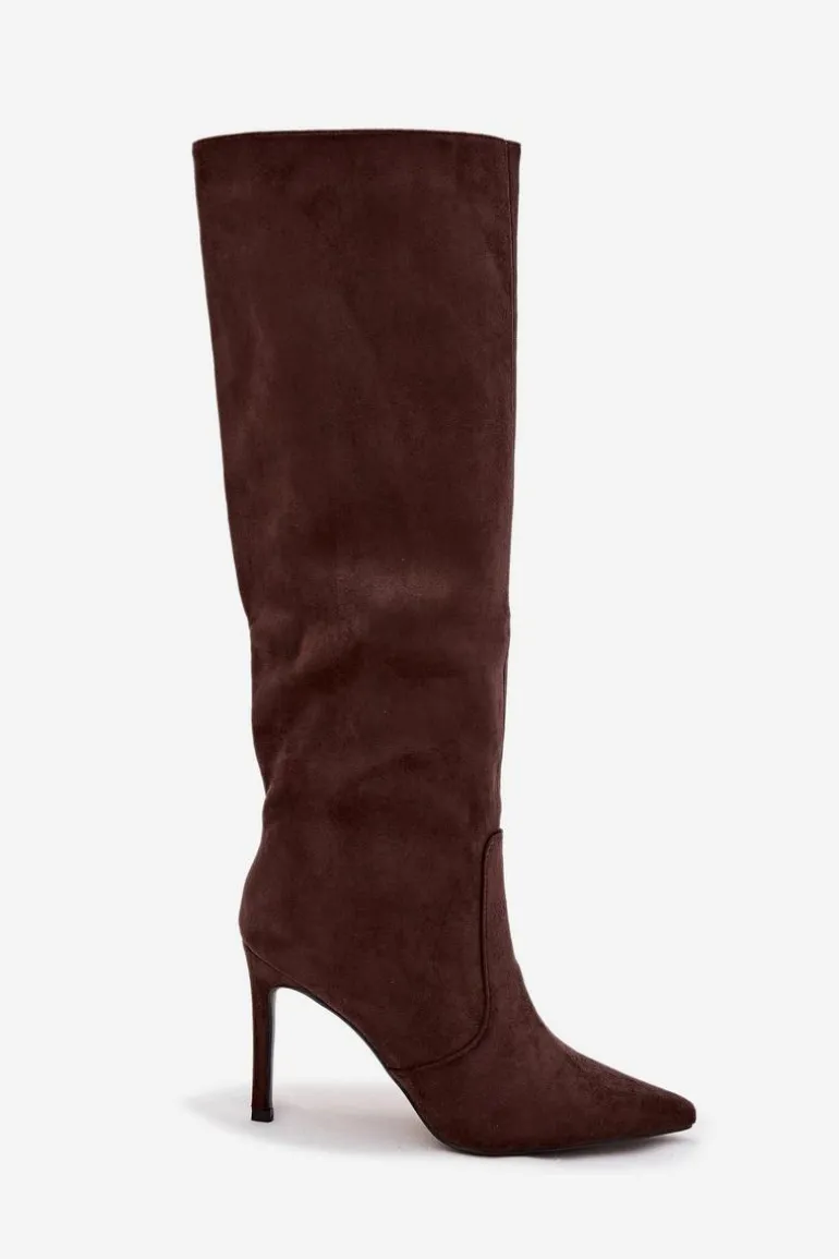 Ocieplane Kozaki Damskie Na Szpilce Z Eko Zamszu Czekoladowe Rosavine