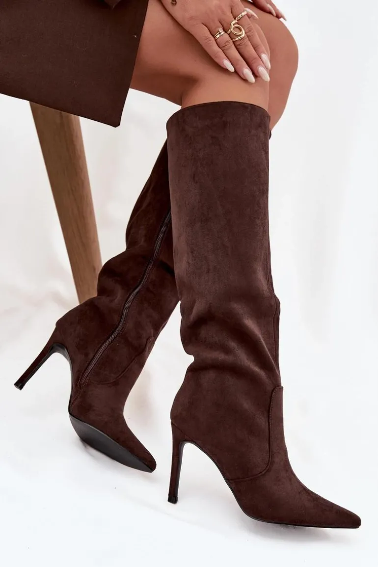 Ocieplane Kozaki Damskie Na Szpilce Z Eko Zamszu Czekoladowe Rosavine