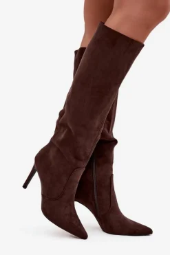 Ocieplane Kozaki Damskie Na Szpilce Z Eko Zamszu Czekoladowe Rosavine