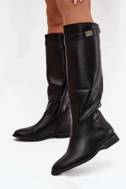Ocieplane Kozaki Damskie Na Płaskim Obcasie Z Paskiem I Srebrnym Detalem Czarne Geraline