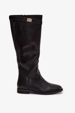 Ocieplane Kozaki Damskie Na Płaskim Obcasie Z Paskiem I Srebrnym Detalem Czarne Geraline