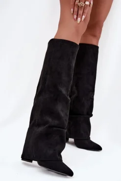 Ocieplane Kozaki Damskie Z Wywiniętą Cholewką Na Słupku Eko Zamszowe Czarne Elivira