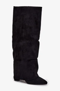 Ocieplane Kozaki Damskie Z Wywiniętą Cholewką Na Słupku Eko Zamszowe Czarne Elivira