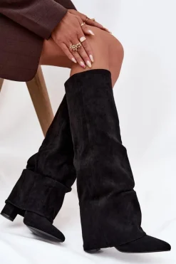 Ocieplane Kozaki Damskie Z Wywiniętą Cholewką Na Słupku Eko Zamszowe Czarne Elivira