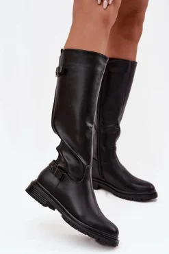 Ocieplane Kozaki Damskie Na Płaskim Obcasie Z Klamrami Czarne Sarelle