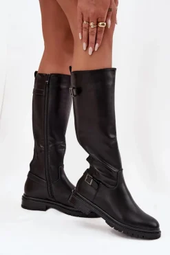 Ocieplane Kozaki Damskie Na Płaskim Obcasie Z Klamrami Czarne Sarelle