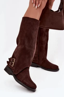 Ocieplane Kozaki Damskie Z Klamrami Czekoladowe Umbria