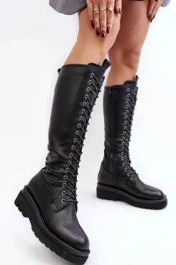 Ocieplane Kozaki Glany Damskie Przed Kolano Czarne Lliclies