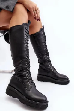 Ocieplane Kozaki Glany Damskie Przed Kolano Czarne Lliclies