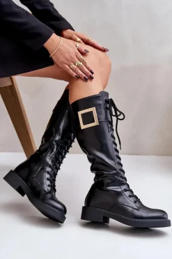 Ocieplane Kozaki Glany Z Ozdobną Klamrą Czarne Linnealisa