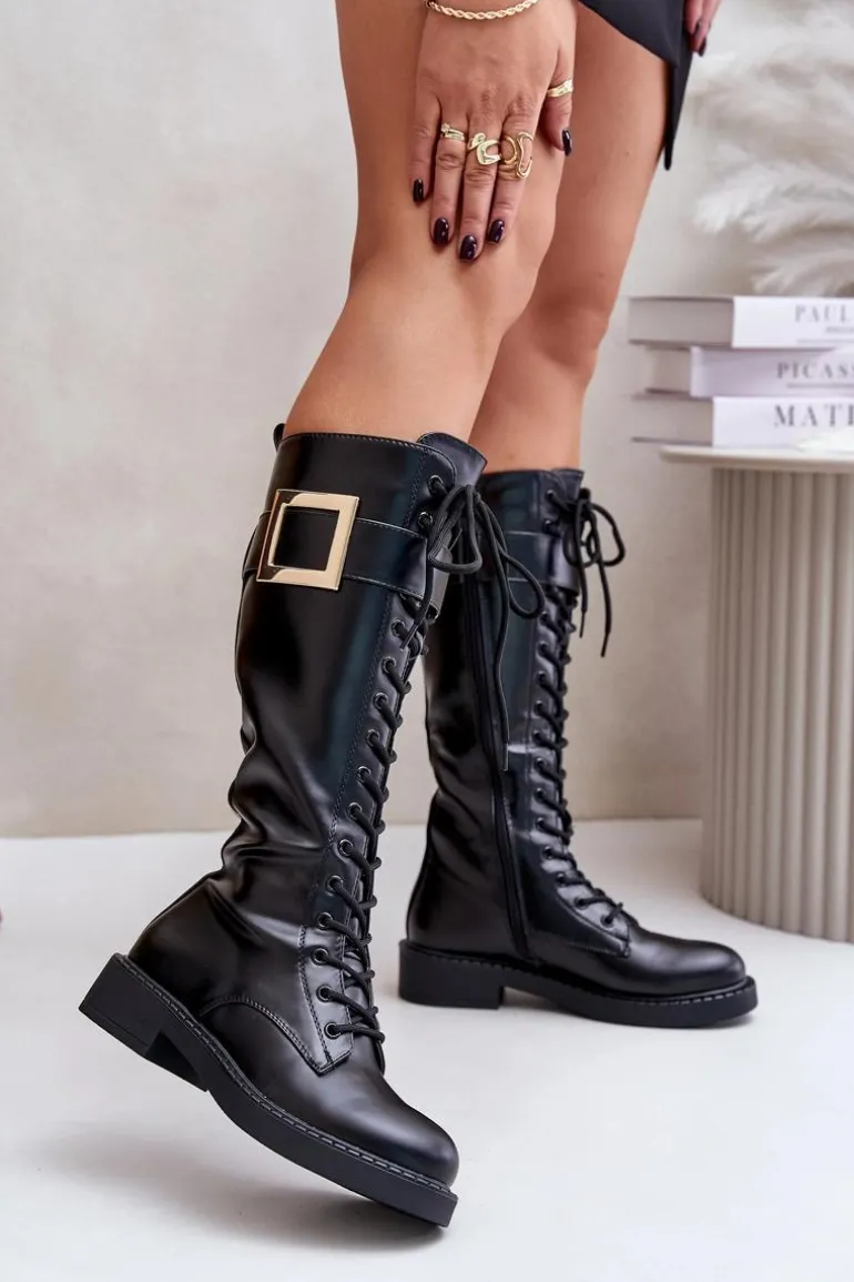 Ocieplane Kozaki Glany Z Ozdobną Klamrą Czarne Linnealisa