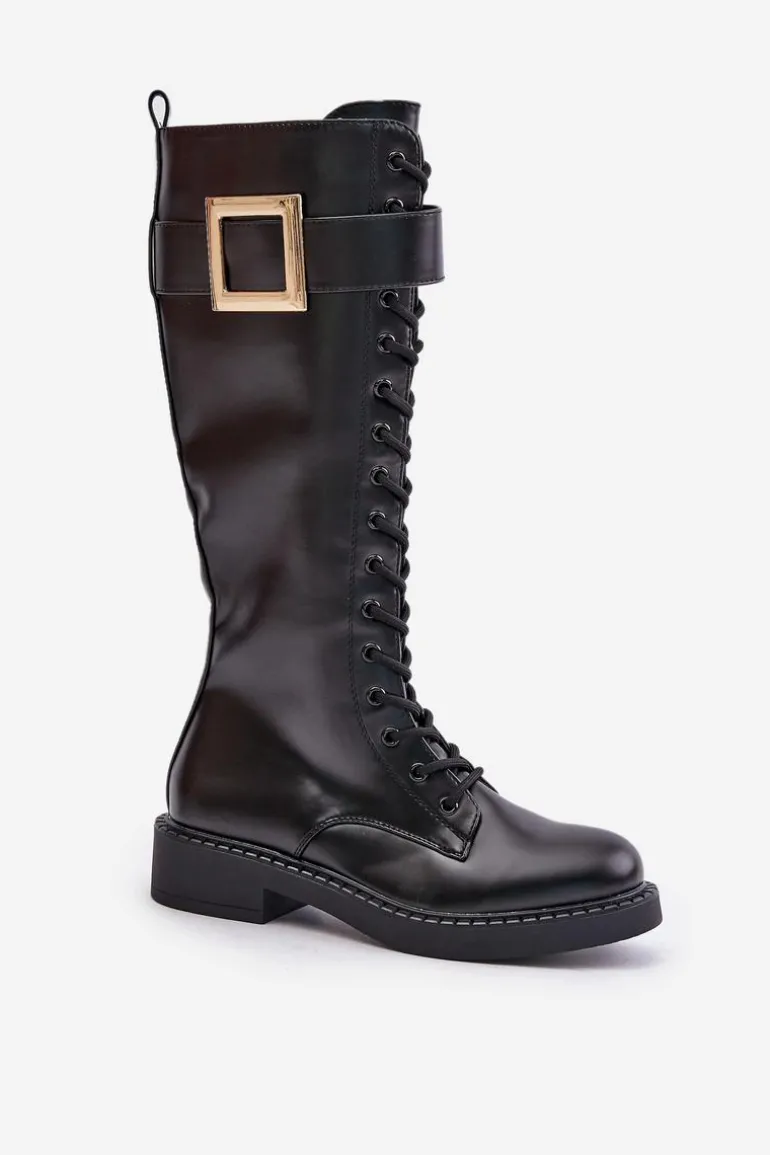 Ocieplane Kozaki Glany Z Ozdobną Klamrą Czarne Linnealisa