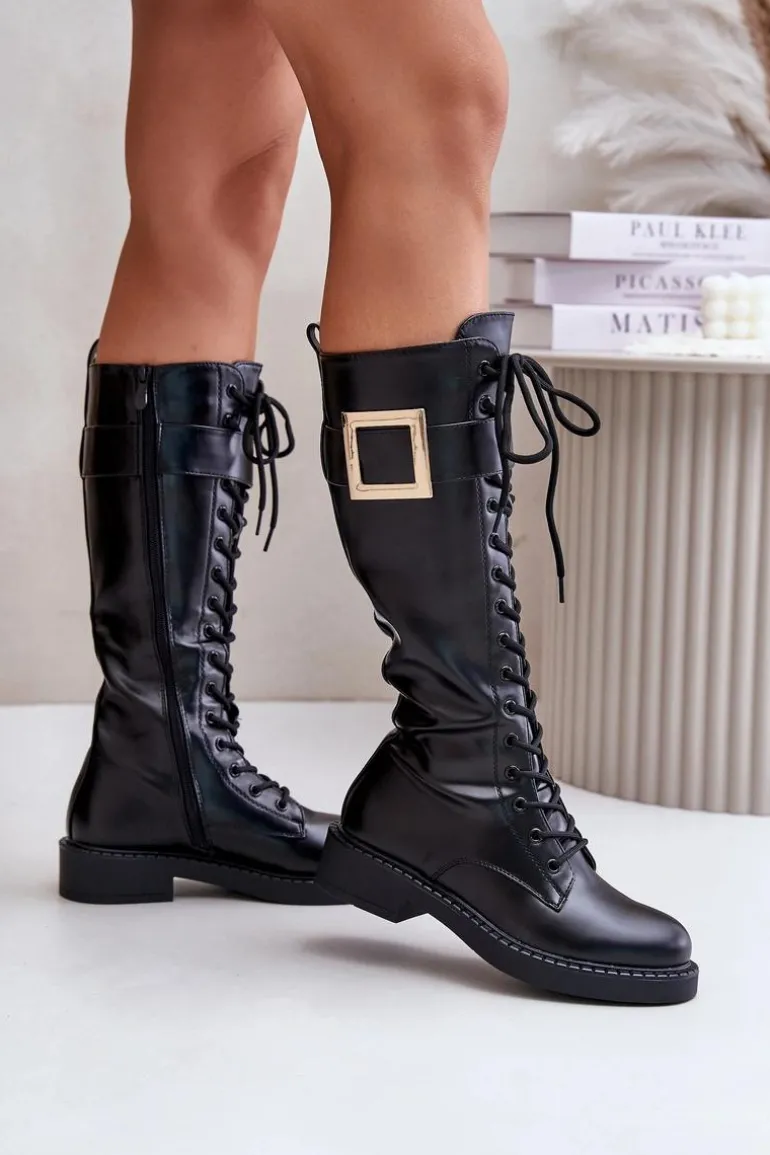 Ocieplane Kozaki Glany Z Ozdobną Klamrą Czarne Linnealisa