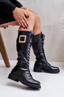 Ocieplane Kozaki Glany Z Ozdobną Klamrą Czarne Linnealisa