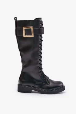 Ocieplane Kozaki Glany Z Ozdobną Klamrą Czarne Linnealisa