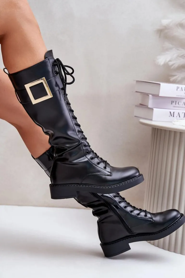 Ocieplane Kozaki Glany Z Ozdobną Klamrą Czarne Linnealisa