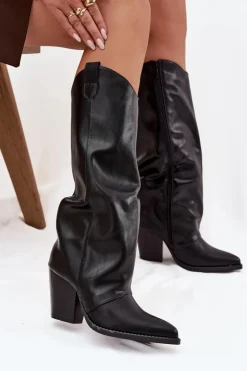 Ocieplane Kozaki Kowbojki Na Słupku Z Eko Skóry Czarne Mavine