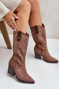 Ocieplane Kozaki Kowbojki Na Słupku Eko Zamszowe Brązowe Hanivin