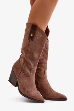 Ocieplane Kozaki Kowbojki Na Słupku Eko Zamszowe Brązowe Hanivin