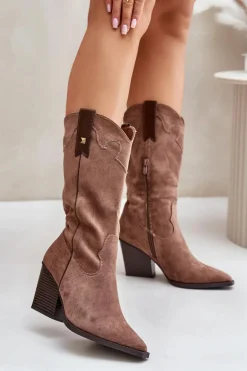 Ocieplane Kozaki Kowbojki Na Słupku Eko Zamszowe Brązowe Hanivin