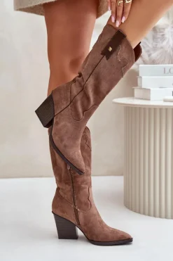 Ocieplane Kozaki Kowbojki Na Słupku Eko Zamszowe Brązowe Hanivin