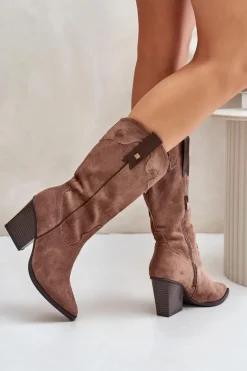 Ocieplane Kozaki Kowbojki Na Słupku Eko Zamszowe Brązowe Hanivin