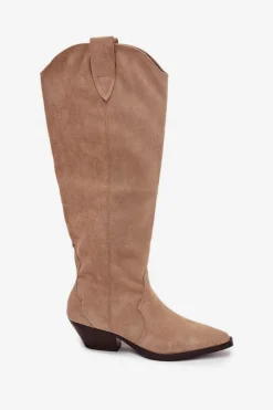 Ocieplane Kozaki Kowbojki Na Obcasie Z Eko Zamszu Beżowe Jovianne