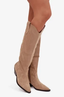 Ocieplane Kozaki Kowbojki Na Obcasie Z Eko Zamszu Beżowe Jovianne