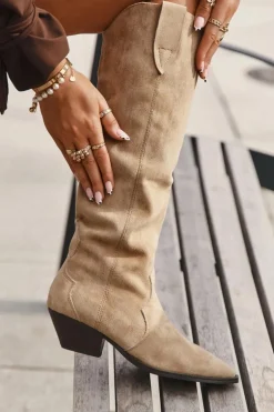 Ocieplane Kozaki Kowbojki Na Obcasie Z Eko Zamszu Beżowe Jovianne