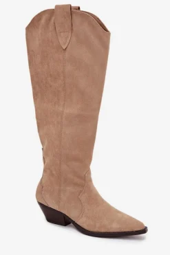 Ocieplane Kozaki Kowbojki Na Obcasie Z Eko Zamszu Beżowe Jovianne