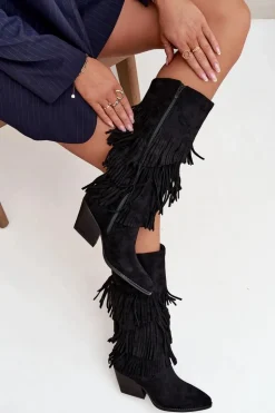 Ocieplane Kozaki Kowbojki Damskie Z Frędzlami Czarne Brivina