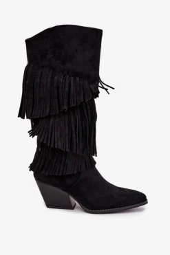 Ocieplane Kozaki Kowbojki Damskie Z Frędzlami Czarne Brivina