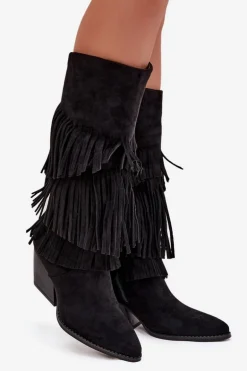 Ocieplane Kozaki Kowbojki Damskie Z Frędzlami Czarne Brivina