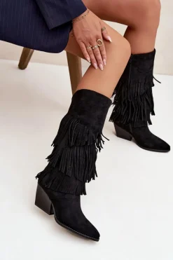 Ocieplane Kozaki Kowbojki Damskie Z Frędzlami Czarne Brivina