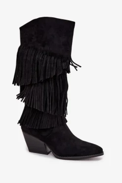 Ocieplane Kozaki Kowbojki Damskie Z Frędzlami Czarne Brivina